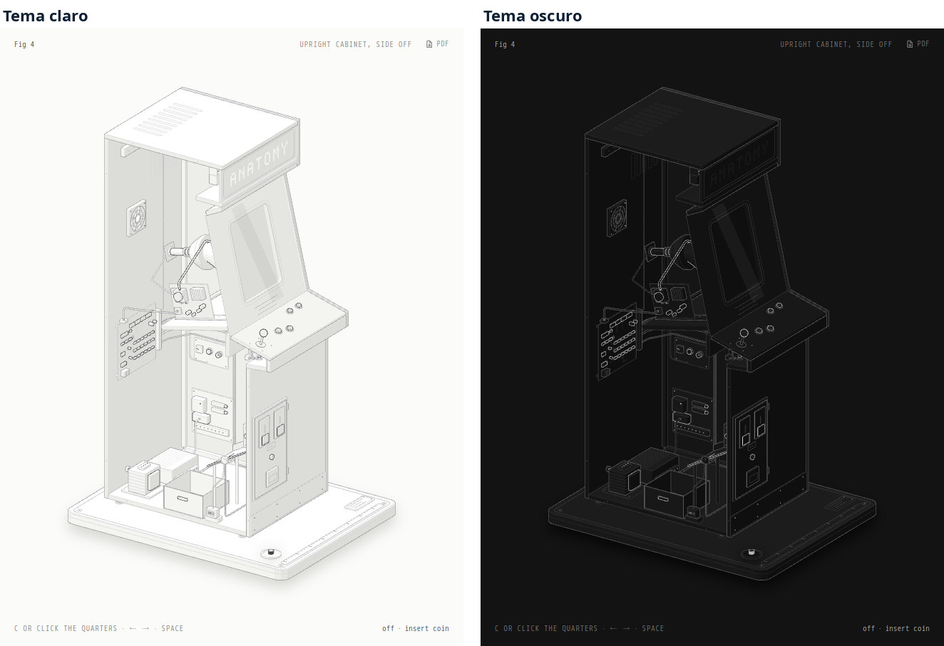 El ejemplo arcade-cabinet de Anatomy en tema claro y oscuro: una máquina recreativa con el panel lateral quitado