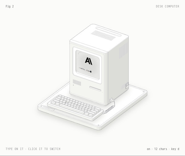 Ejemplo desk-computer de Anatomy: un ordenador de sobremesa de estilo 1984 con teclado, encendido