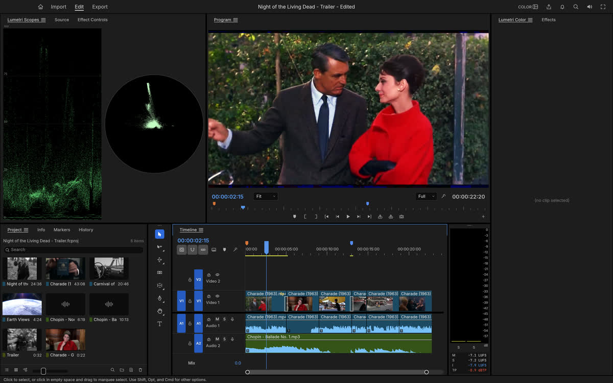 FilmCraft con una película en la línea de tiempo y el visor de color