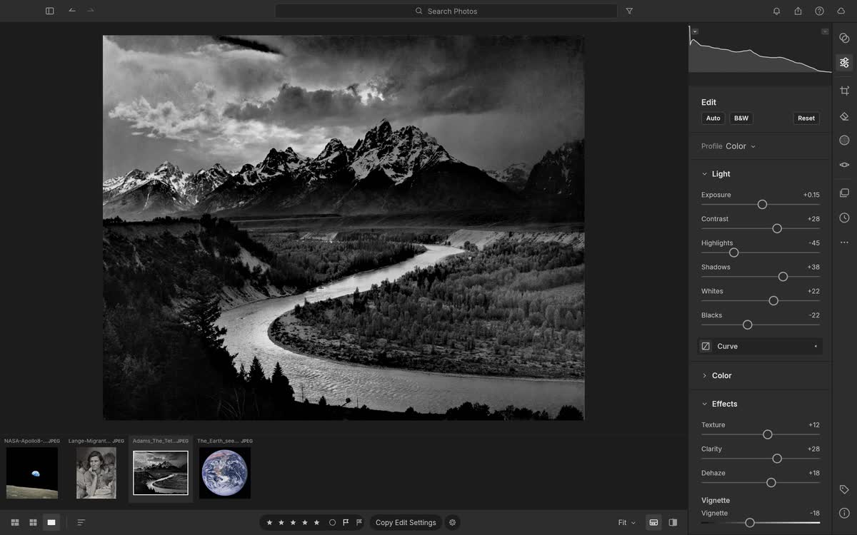 LightCraft revelando la fotografía The Tetons and the Snake River de Ansel Adams