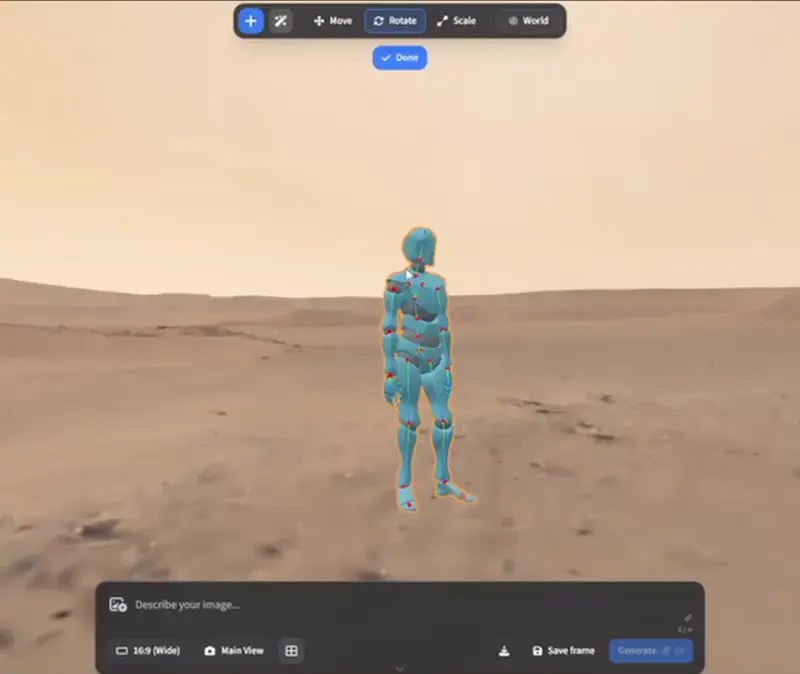 ArtCraft AI Studio: un maniquí 3D posado en un paisaje antes de generar la imagen