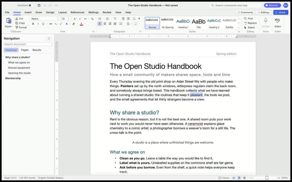 WordCraft con un documento abierto y la cinta de opciones al estilo de Word