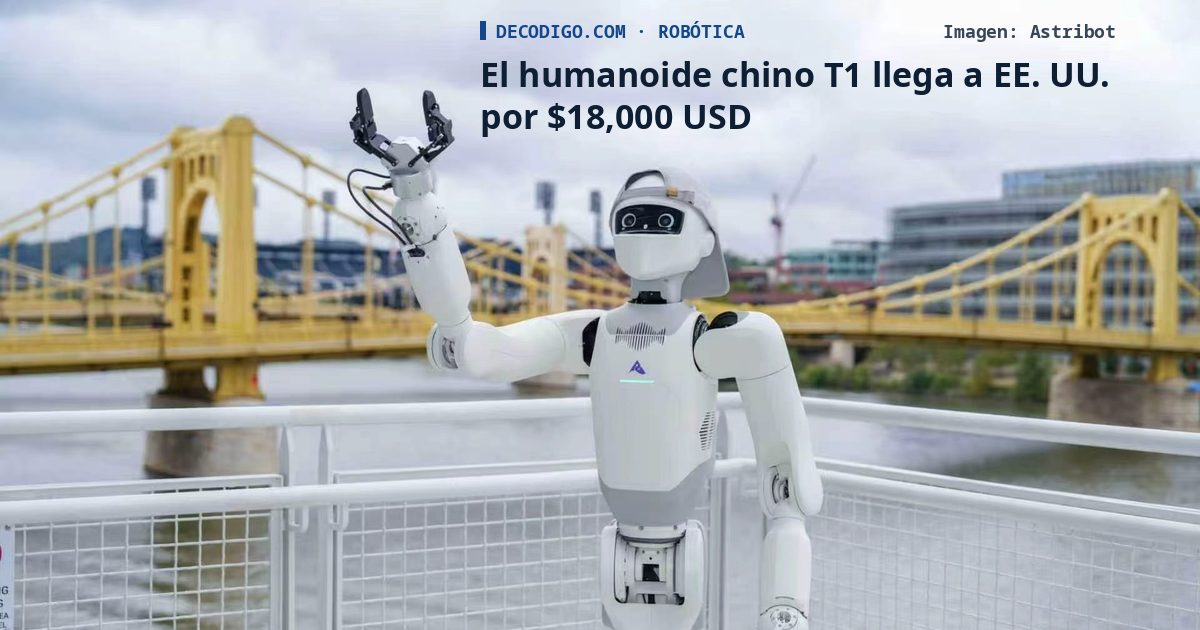 El robot humanoide blanco Astribot T1 saluda con el brazo levantado en un mirador junto a un puente amarillo de Pittsburgh