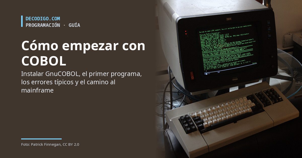 Terminal IBM 3279 encendido con texto verde y su teclado, junto al título Cómo empezar con COBOL