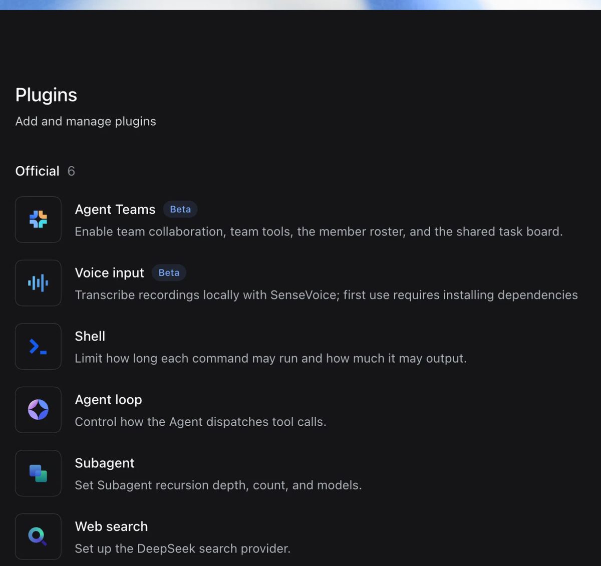 Página de plugins de DeepSeek Harness: plugins oficiales Agent Teams, Voice input, Shell, Agent loop, Subagent y Web search