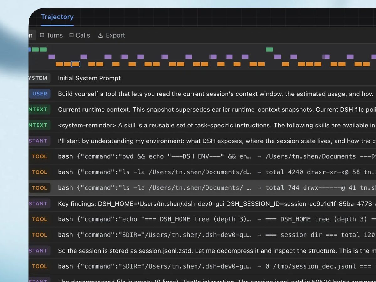Vista Trajectory de DeepSeek Harness: línea de tiempo con cada paso del agente, sus llamadas a herramientas y el detalle de una llamada a bash