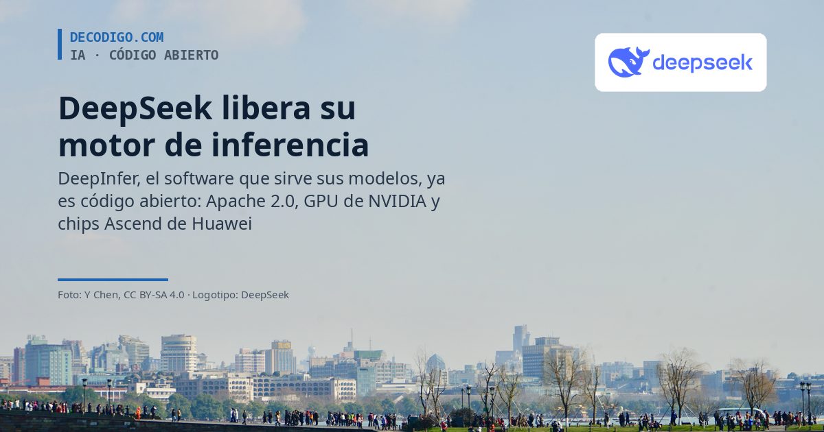 Vista de Hangzhou desde el lago del Oeste con el logotipo de DeepSeek y el título sobre su motor de inferencia