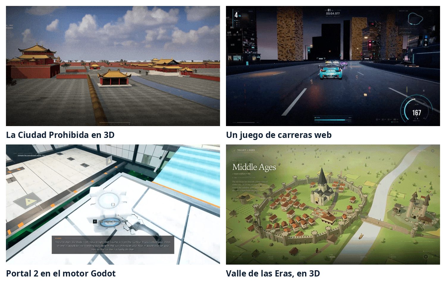 Cuatro proyectos hechos con DeepSeek-V4.1-Flash-1017: la Ciudad Prohibida en 3D, un juego de carreras web, una recreación de Portal 2 en Godot y una escena 3D de una ciudad medieval amurallada