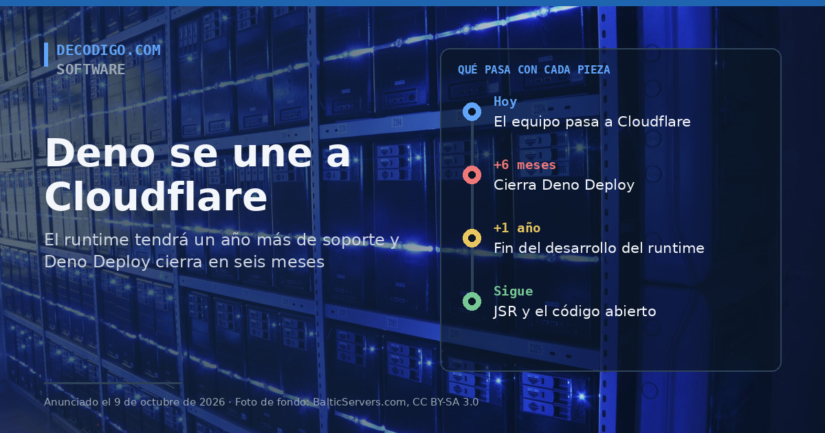 Portada: Deno se une a Cloudflare, sobre una sala de servidores, con lo que pasa con cada pieza: Deno Deploy cierra a los seis meses, el runtime termina al cabo de un año y JSR sigue