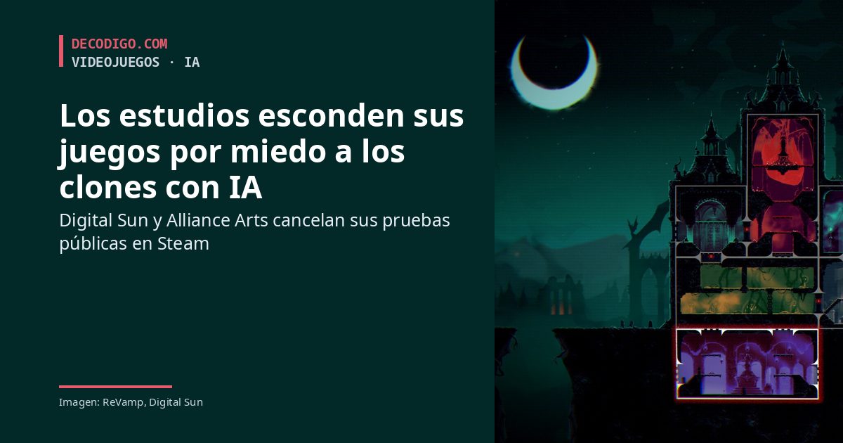 El castillo de Drácula de ReVamp bajo la luna, con el titular: Los estudios esconden sus juegos por miedo a los clones con IA