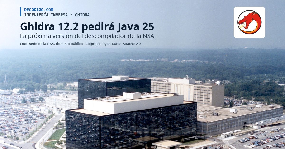 Sede de la NSA en Fort Meade con el logotipo de Ghidra y el título sobre Ghidra 12.2