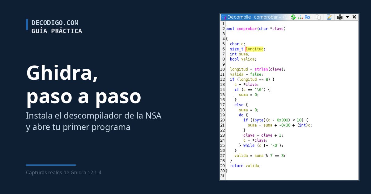 Ghidra, paso a paso: el descompilador de Ghidra mostrando la función comprobar con sus variables renombradas