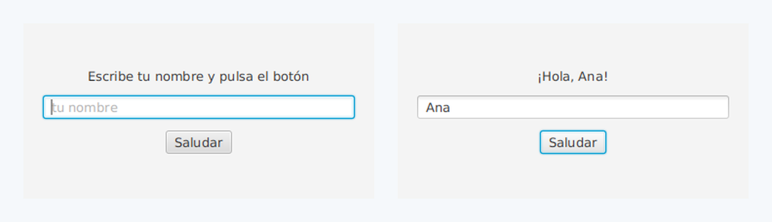 Dos capturas de la misma ventana JavaFX: antes de pulsar, con el texto «Escribe tu nombre y pulsa el botón», y después, con «¡Hola, Ana!»
