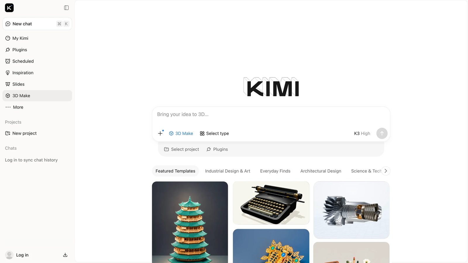 Captura de 3D Make en kimi.com: un cuadro de texto «Bring your idea to 3D» y plantillas destacadas con una pagoda, una máquina de escribir, un motor a reacción y un broche