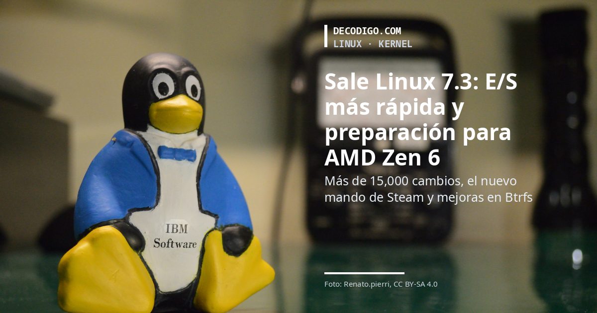 Un Tux de IBM, la mascota de Linux, con el titular de Linux 7.3