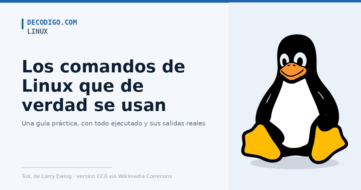 Tux, el pingüino de Linux, junto al título de la guía de comandos de Linux