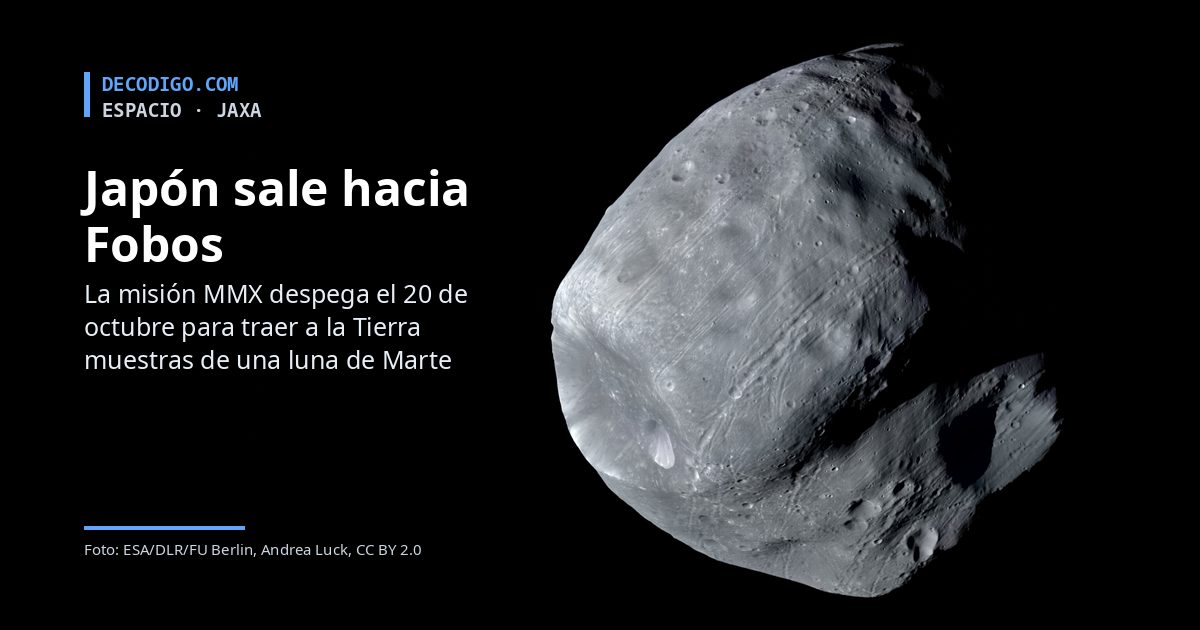 Fobos, la luna de Marte, iluminada de lado sobre el fondo negro del espacio, con el texto Japón sale hacia Fobos