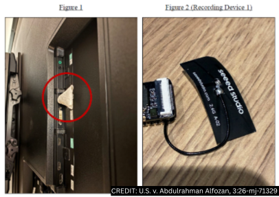 Figuras de la denuncia: el dispositivo escondido en papel higiénico detrás de un televisor y la placa Seeed Studio que contenía