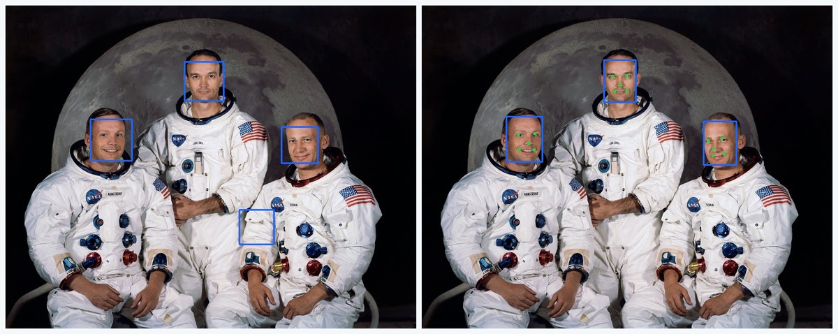La foto oficial de la tripulación del Apolo 11 procesada dos veces: a la izquierda, el detector Haar marca las tres caras y además un bolsillo del traje; a la derecha, YuNet marca solo las tres caras y cinco puntos en cada una