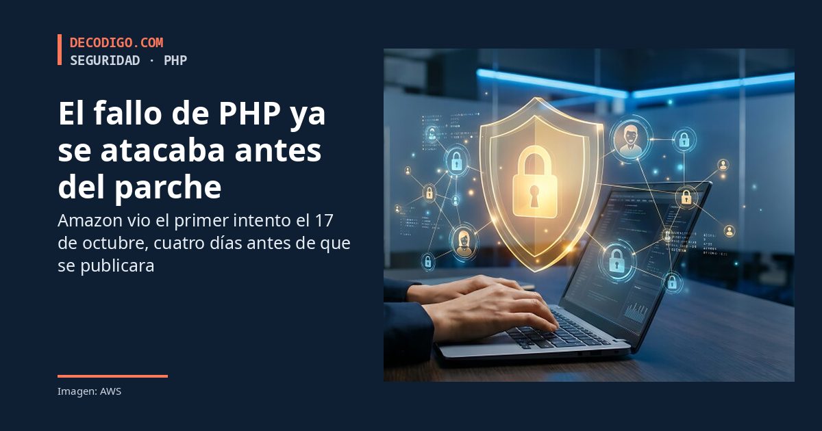 Escudo con candado sobre un portátil y el titular: El fallo de PHP ya se atacaba antes del parche