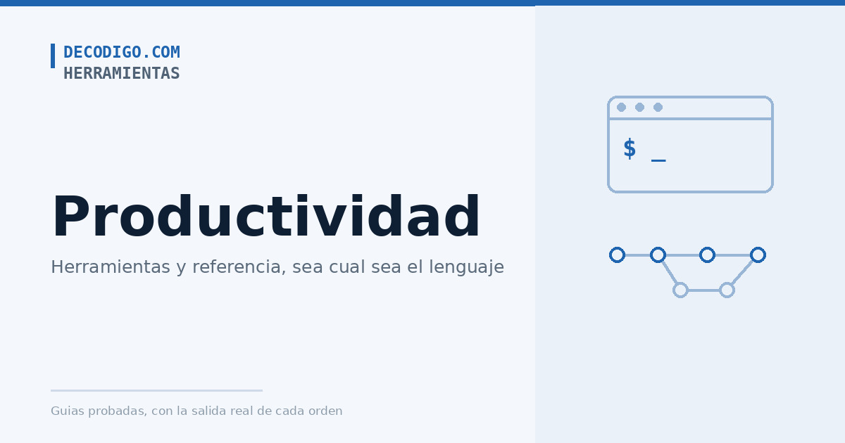Una terminal y un grafo de commits sobre fondo claro, con el título Productividad