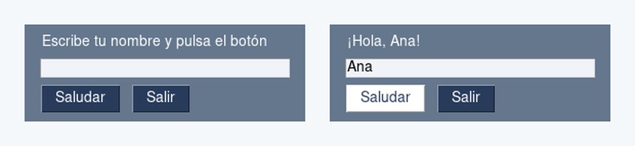 Dos capturas de una ventana de PySimpleGUI con un campo de texto y los botones Saludar y Salir, antes y después de saludar a Ana