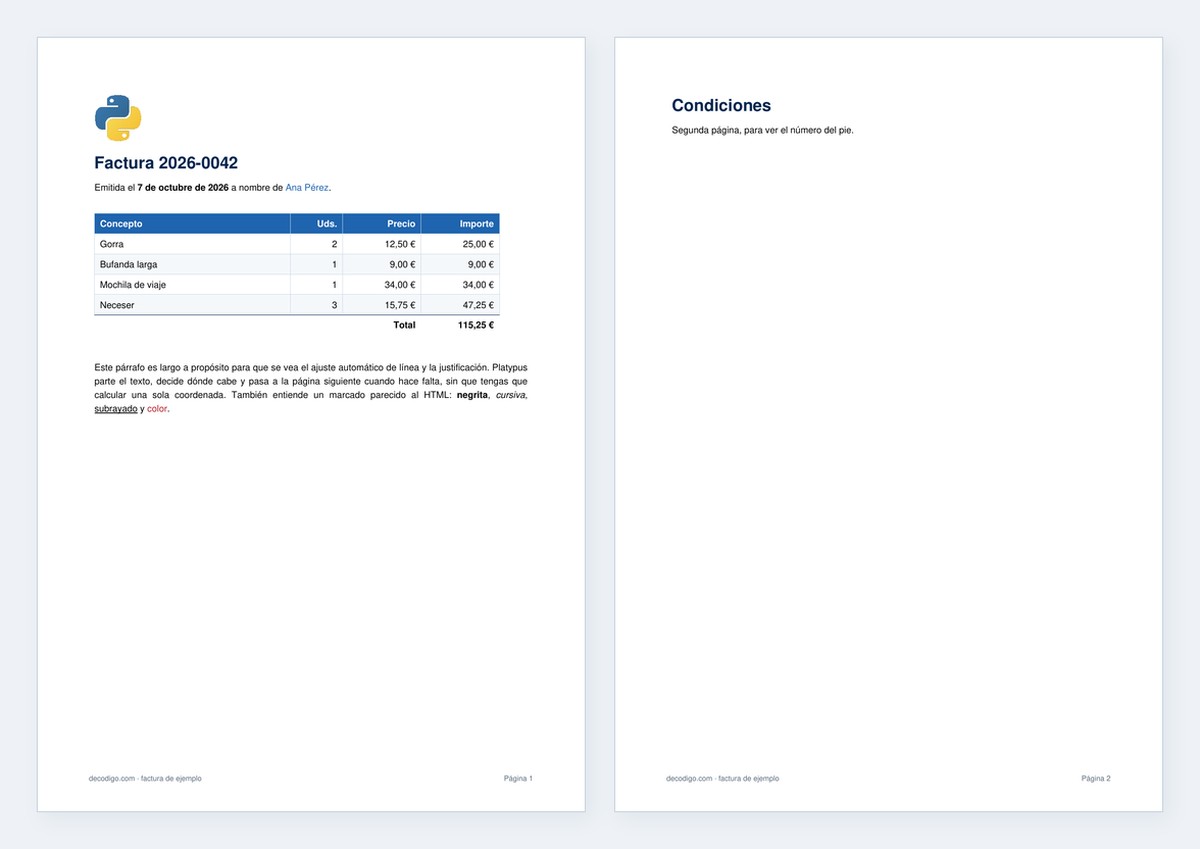 Las dos páginas del PDF generado: una factura con logotipo, tabla de conceptos y pie con el número de página