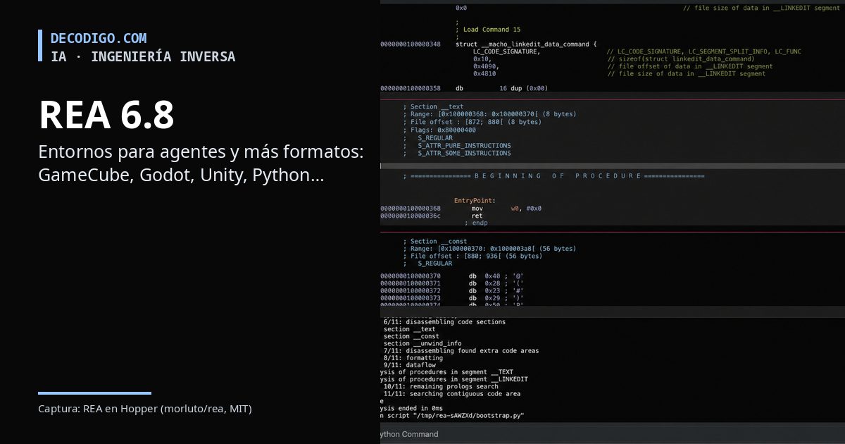 REA 6.8: la herramienta de ingeniería inversa para agentes de IA crea entornos de prueba a partir de una app y abre juegos de GameCube, Godot y Unity