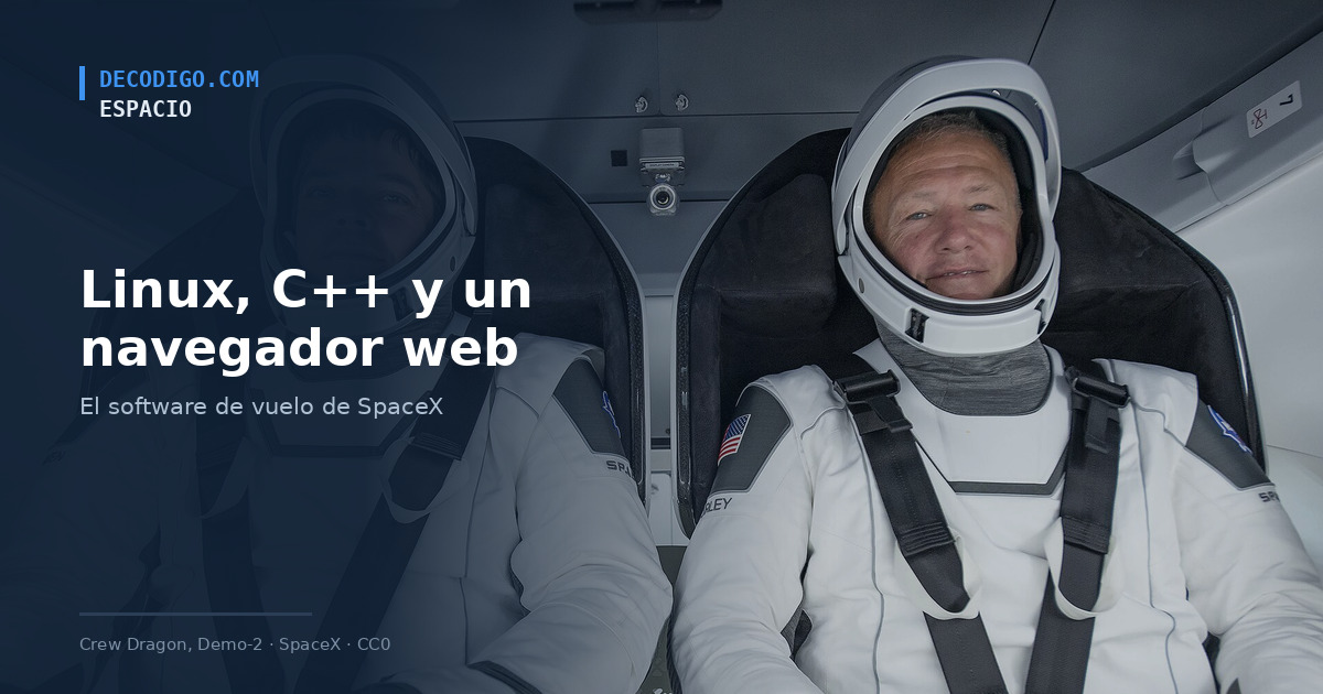 Interior de una cápsula Crew Dragon con dos astronautas, junto al titular sobre el software de vuelo de SpaceX
