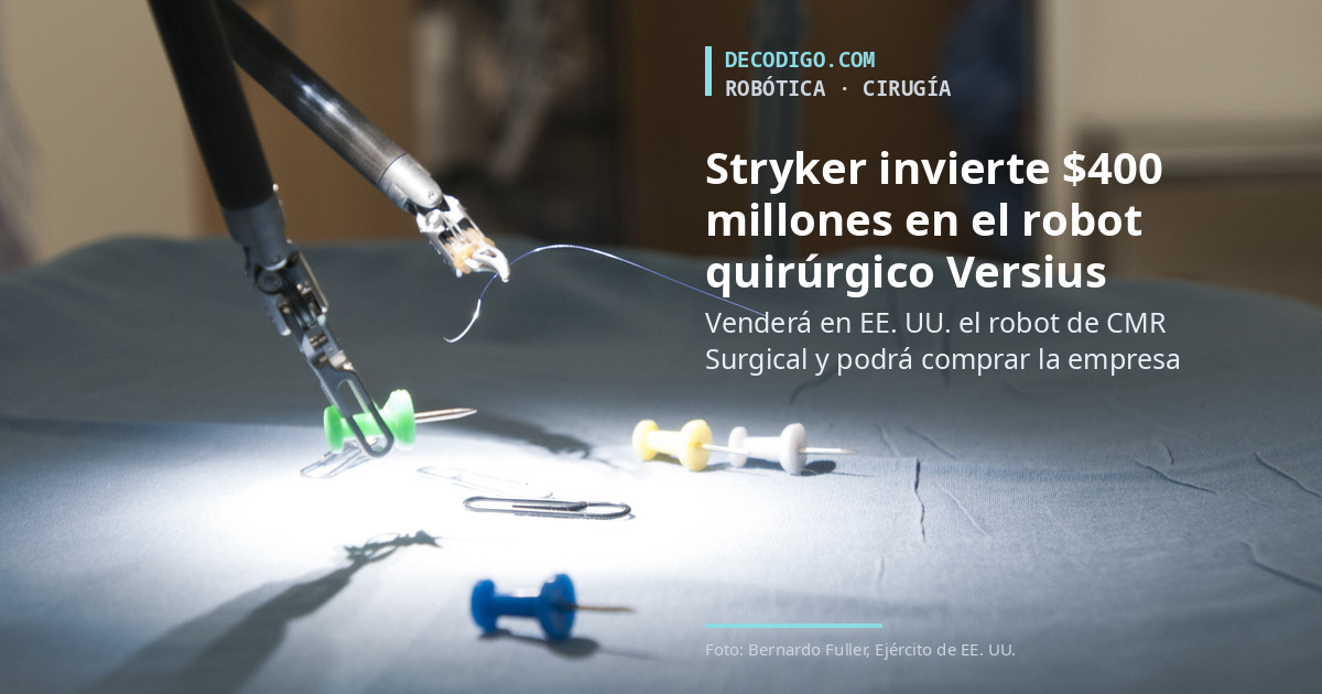 Instrumentos de un robot quirúrgico sobre una sábana con el título de la noticia sobre la inversión de Stryker en CMR Surgical