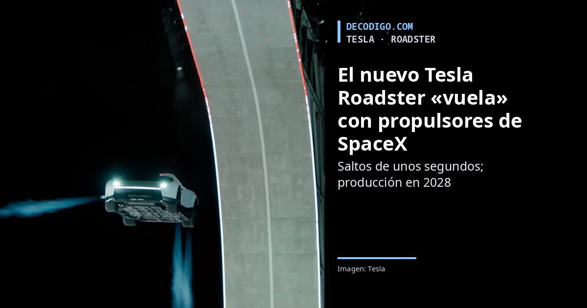 El nuevo Tesla Roadster en el aire junto a una rampa, con los propulsores encendidos, y el título de la noticia