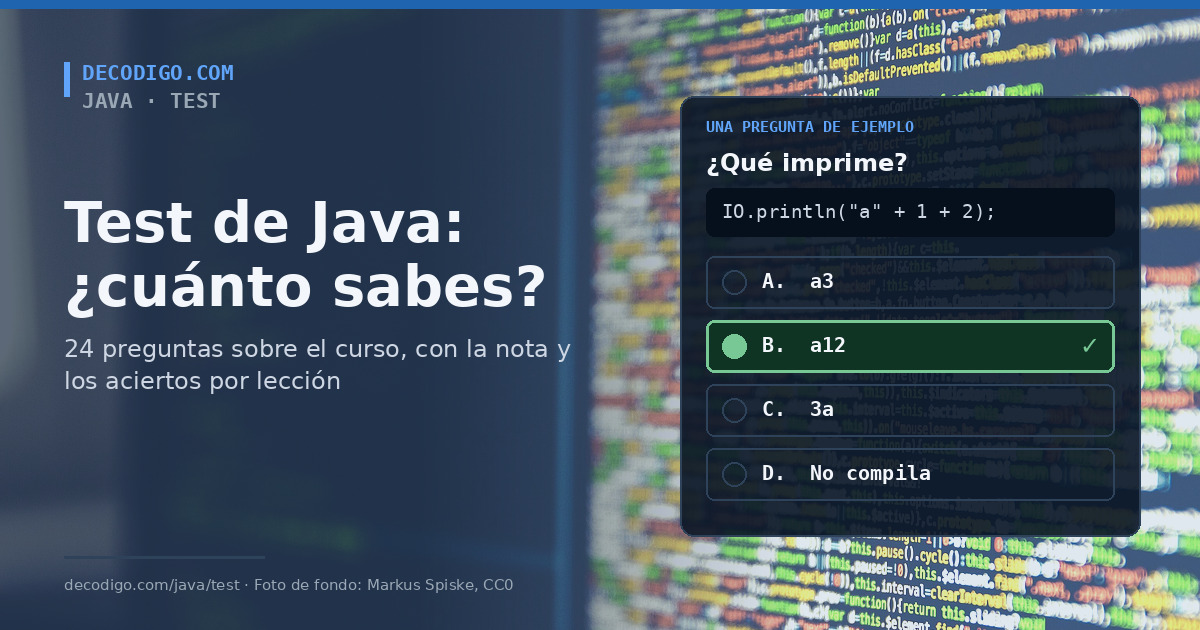 Tarjeta de una pregunta de test de Java sobre un fondo de código, con el título «Test de Java: ¿cuánto sabes?»
