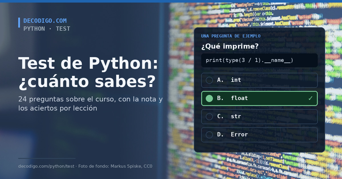 Tarjeta de una pregunta de test de Python sobre un fondo de código, con el título «Test de Python: ¿cuánto sabes?»