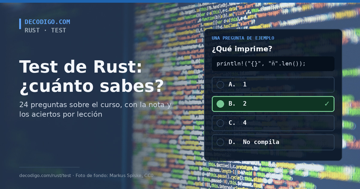 Tarjeta de una pregunta de test de Rust sobre un fondo de código, con el título «Test de Rust: ¿cuánto sabes?»
