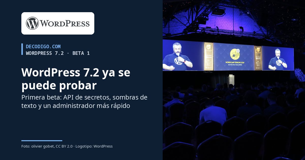 Logotipo de WordPress y el texto WordPress 7.2 ya se puede probar junto a la sala de WordCamp Europe 2017