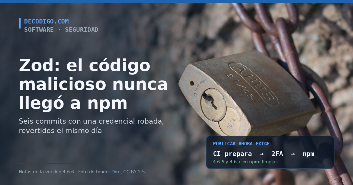 Candado cerrado sobre una cadena oxidada, con el título de la noticia sobre el intento de ataque a Zod