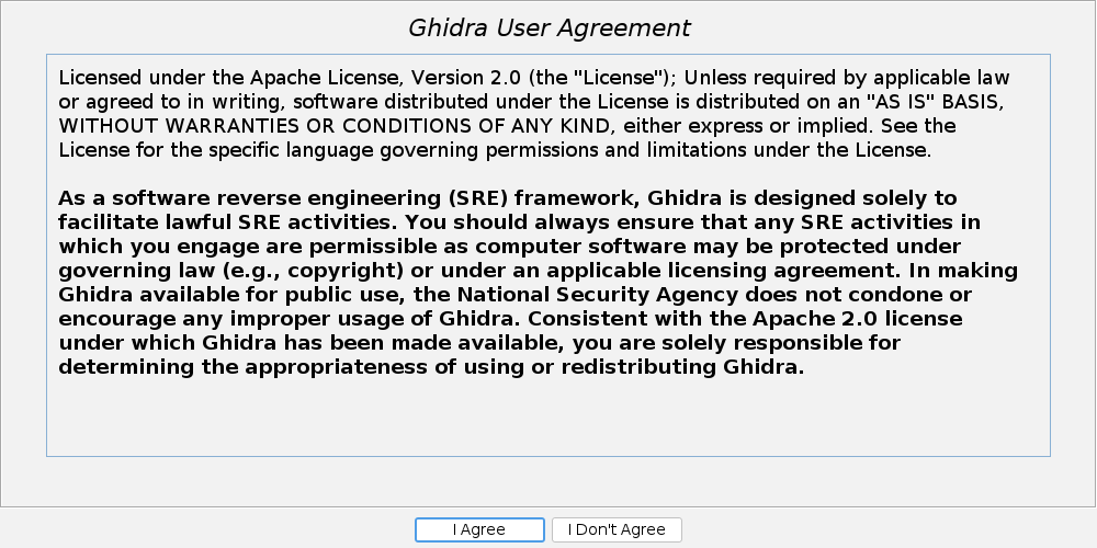 Acuerdo de usuario de Ghidra, que aparece la primera vez que se abre: licencia Apache 2.0 y aviso de uso legal