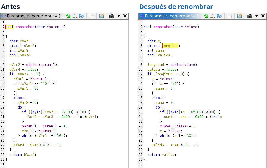 El descompilador de Ghidra mostrando la función comprobar antes y después de renombrar sus variables