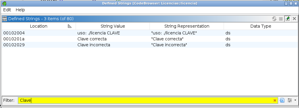 Ventana Defined Strings de Ghidra filtrada por Clave, con los tres mensajes del programa y sus direcciones