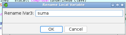 Diálogo Rename Local Variable de Ghidra renombrando iVar3 como suma