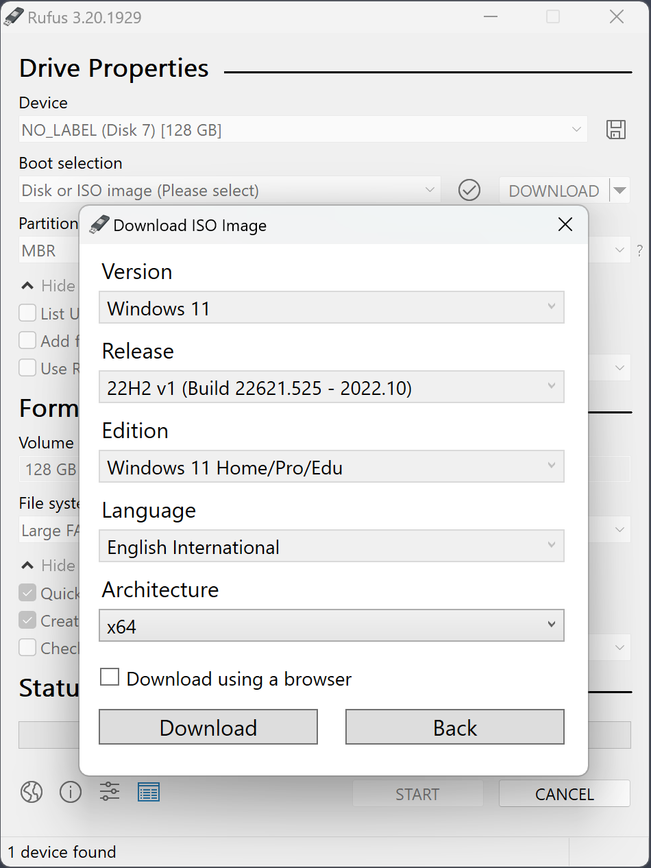 Cuadro de Rufus para descargar una ISO de Windows 11 eligiendo versión, edición, idioma y arquitectura