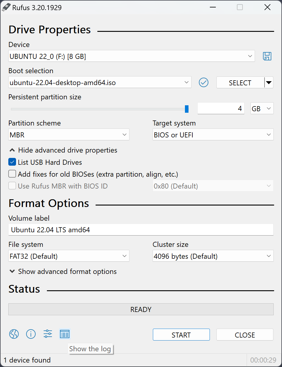 Rufus con una ISO de Ubuntu y el control de la partición persistente