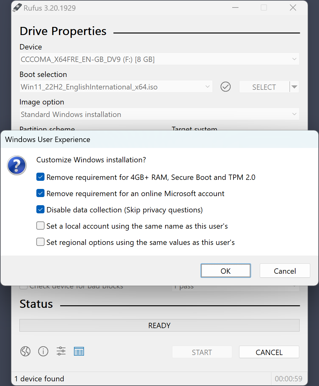 Cuadro de opciones de Rufus para quitar los requisitos de TPM, arranque seguro y cuenta de Microsoft en Windows 11
