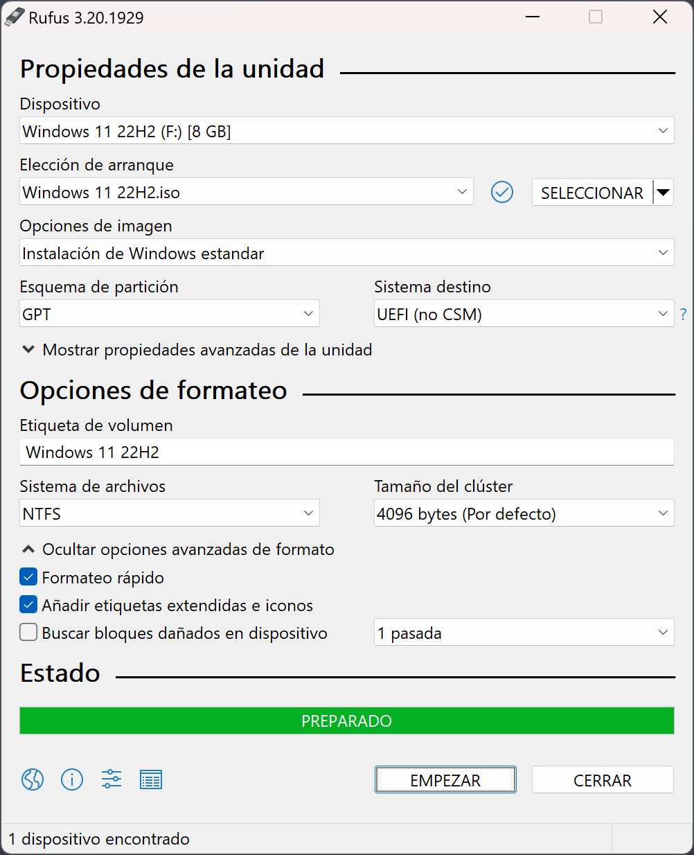Ventana principal de Rufus en español con una ISO de Windows 11 lista para grabar