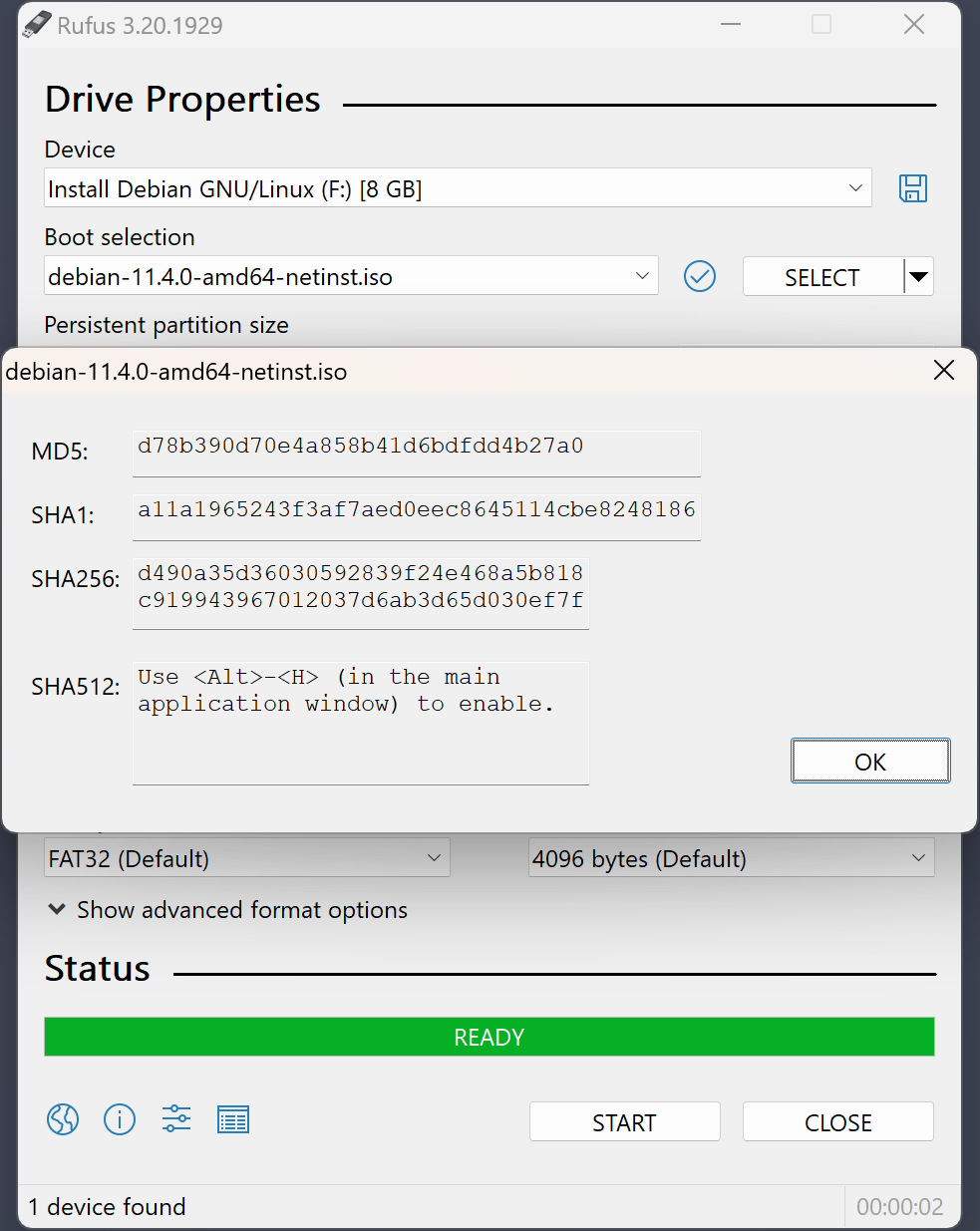Rufus mostrando las sumas MD5, SHA-1 y SHA-256 de una ISO de Debian